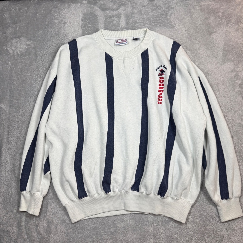 Vintage Crable Sportswear Budweiser Sweatshirt Mens XL White Striped Beer 90s